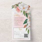 Boho Magnolia Floral & Cotton Pink QR Code All In One Uitnodiging (Binnen)