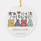 Boho Mama Tekst w / Bloemen en Kind Namen Kerst Keramisch Ornament (Voorkant)