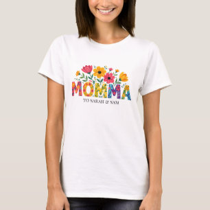Boho Mama Text met Flowers en Kind Names T-shirt