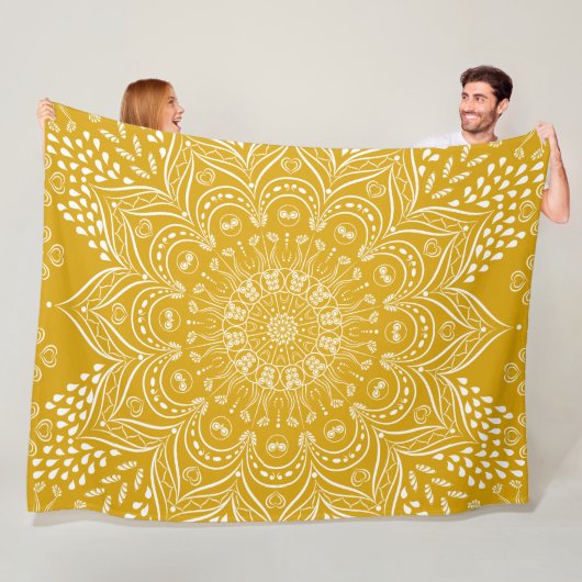Boho Mandala Bright Mustard Yellow Fleece Deken (In situ)