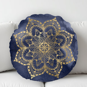 Boho Mandala Goud Navyblauw Inkt Textuur Rond Kussen