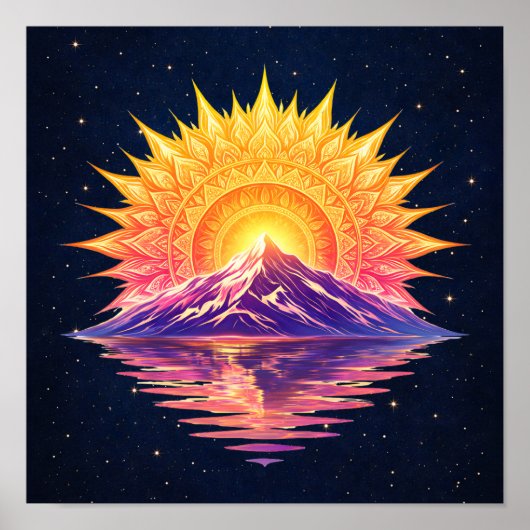 Boho Mandala Mountain Sunset | Cosmic Night Sky Poster (Voorkant)