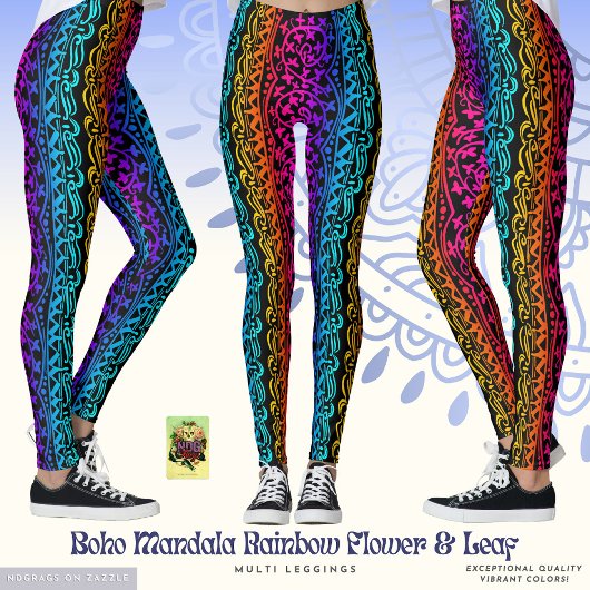 Boho Mandala Rainbow Flower & Leaf Leggings