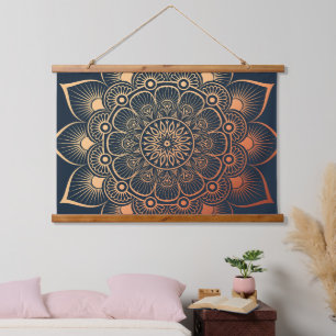 Boho marineblauw perzik mandala hout afgedekt hangend wandkleed