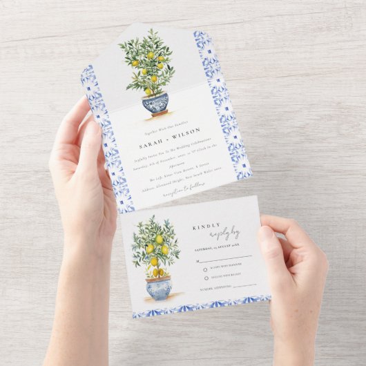 Boho Marokkaanse Waterverf Gele Citroenboom Bruilo All In One Uitnodiging (Afscheurbaar)