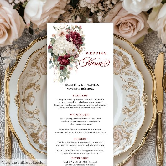 Boho maroon white gold floral wedding menu design