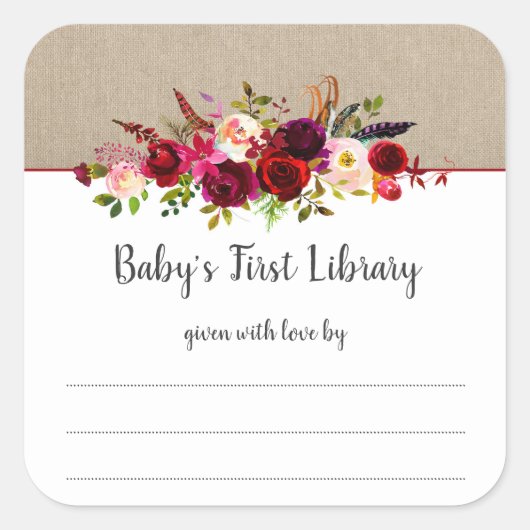 Boho marsala bloemenmeisje baby shower bookplate vierkante sticker (Voorkant)