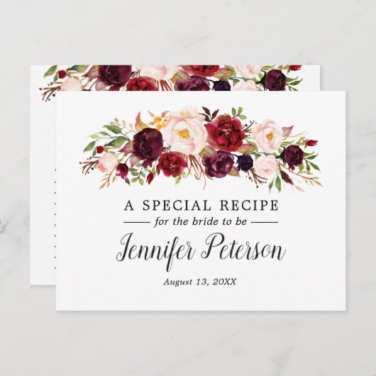 Boho Marsala Bloemige Bruiloftsreceptenkaart Briefkaart (Voorkant / Achterkant)