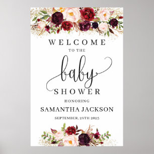 Boho marsala floral baby shower welkomstteken poster