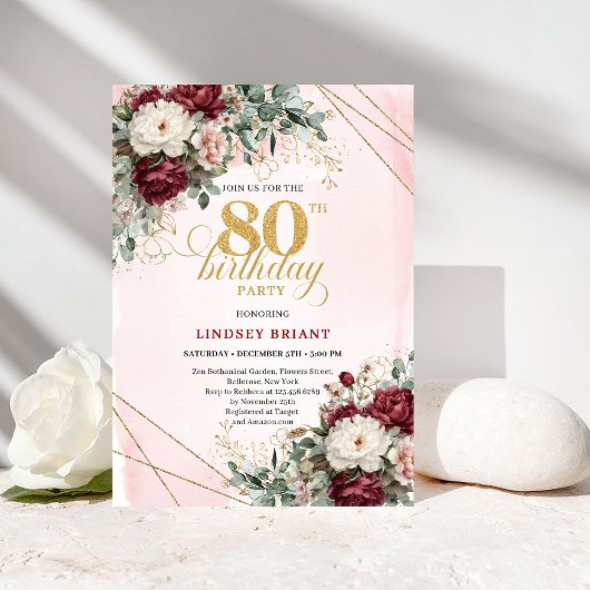 Boho Marsala Flowers Eucalyptus 80th Birthday Kaart