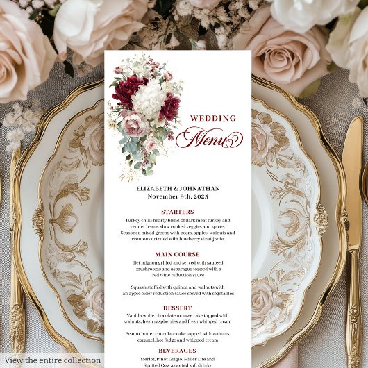 Boho marsala gold roses romantic wedding menu card