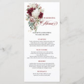 Boho marsala gold roses romantic wedding menu card (Voorkant)