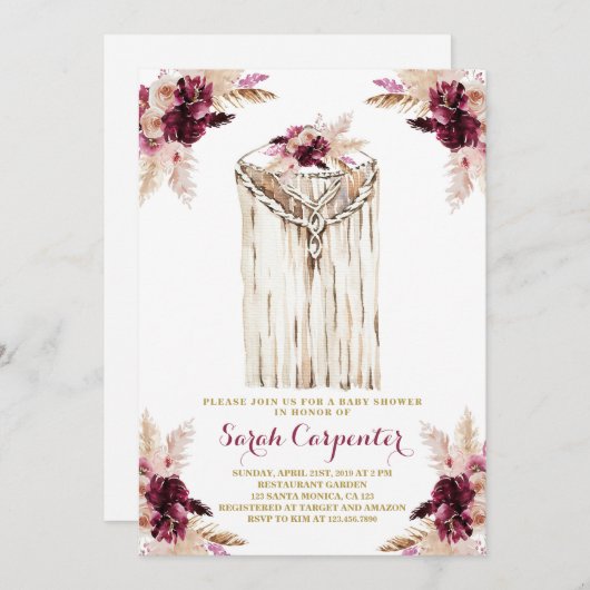 Boho marsala macrame baby shower invitation fille (Devant / Derrière)
