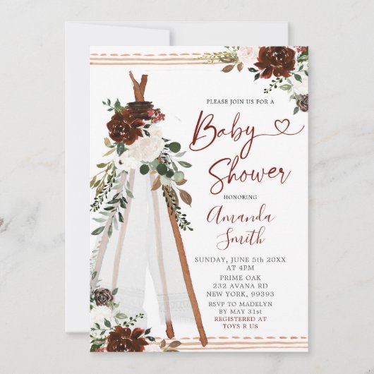 Boho Marsala Teepee baby shower Invitation (Devant)
