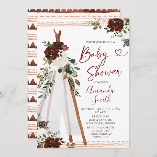 Boho Marsala Teepee baby shower Invitation (Devant / Derrière)