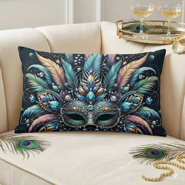 Boho Masquerade Veer Edelsten Masker Kussen (Boho Masquerade Feather Jewel Mask Lumbar Pillow Mockup A)