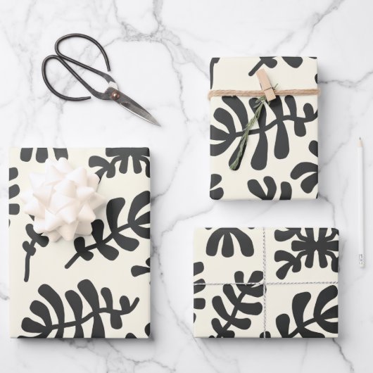 Boho Matisse Botanische vormen Pattern Black White Inpakpapier Vel (Voorkant)