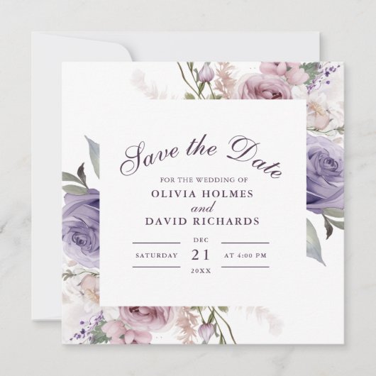 Boho Mave en Lila Floral Save The Date Kaart (Voorkant)
