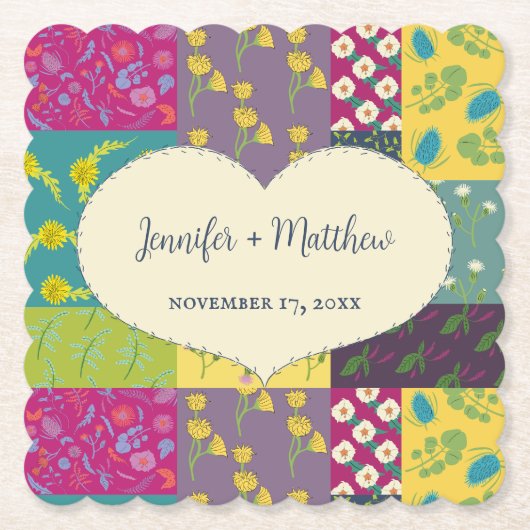 Boho Maximalist Patchwork Quilt Bruiloft Kartonnen Onderzetters (Voorkant)