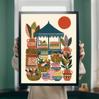 Boho Mediterraanse Markt Volkskunst Aardewerk Canv Poster