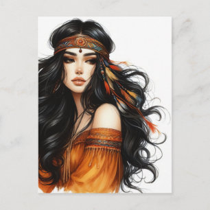 Boho Meisje AI Kunst Boheemse Mode Briefkaart