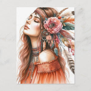 Boho Meisje AI Kunst Boheemse Mode Briefkaart