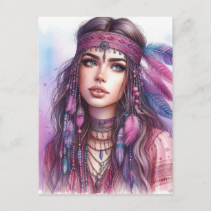 Boho Meisje AI Kunst Boheemse Mode Briefkaart