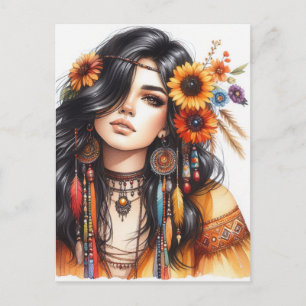 Boho Meisje AI Kunst Boheemse Mode Briefkaart