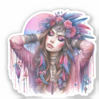 Boho Meisje AI Kunst Boheemse Mode Sticker