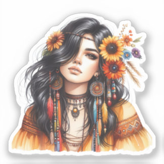 Boho Meisje AI Kunst Boheemse Mode Sticker