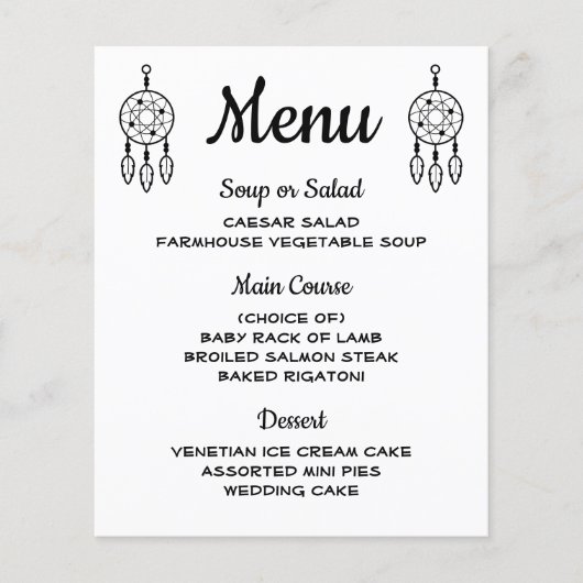 Boho Menu Dreamcatcher Black White Mariage Tribal (Devant)