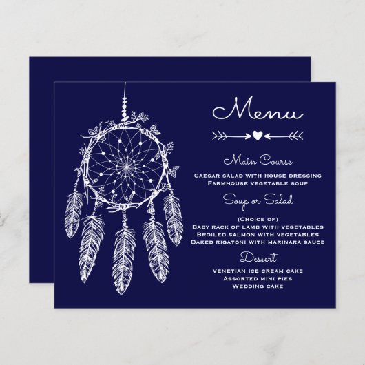 Boho Menu Mariage Marine Blue Dream Catcher (Devant / Derrière)