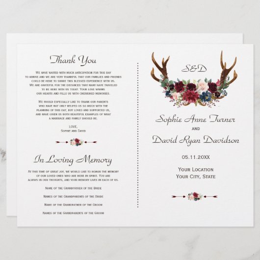 Boho Merlot Marine Floral Antlers Programme de mar (Devant / Derrière)