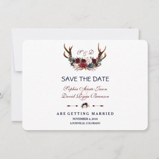 Boho Merlot Navy Blauwe Bloemige Geweien Save The Date (Voorkant)