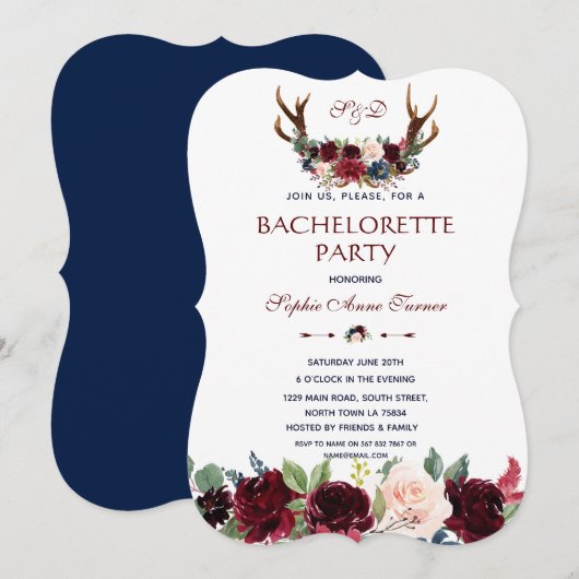 Boho Merlot Navy Floral Antlers Bachelorette Party Kaart (Voorkant / Achterkant)