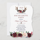 Boho Merlot Navy Floral Antlers Bachelorette Party Kaart (Voorkant)