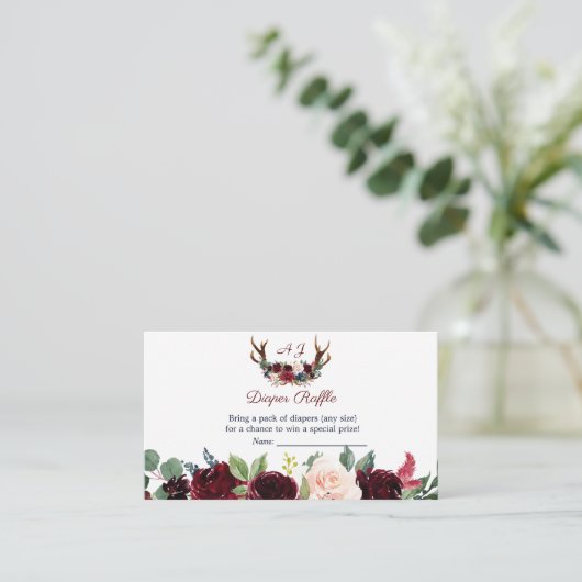 Boho Merlot Navy Floral Antlers Diaper Raffle Informatiekaartje (Staand voorkant)