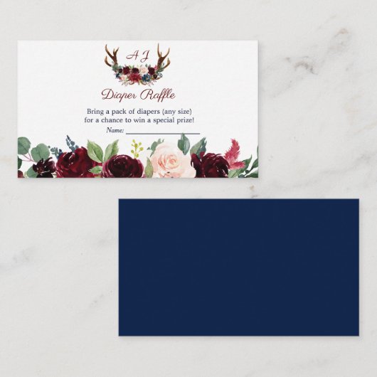Boho Merlot Navy Floral Antlers Diaper Raffle Informatiekaartje (Voorkant / Achterkant)