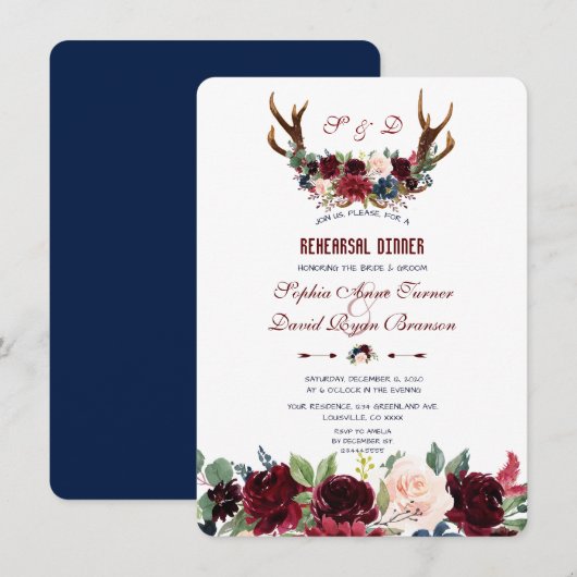 Boho Merlot Navy Floral Antlers Rehearsal Dinner Kaart (Voorkant / Achterkant)