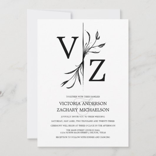 Boho Minimal Black and White Leaf Monogram Wedding Kaart (Voorkant)