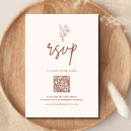 Boho Minimal Botanicals Terracotta QR Code Huwelij RSVP Kaartje