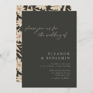 Boho Minimalist Botanical Black and Ivory Wedding Kaart