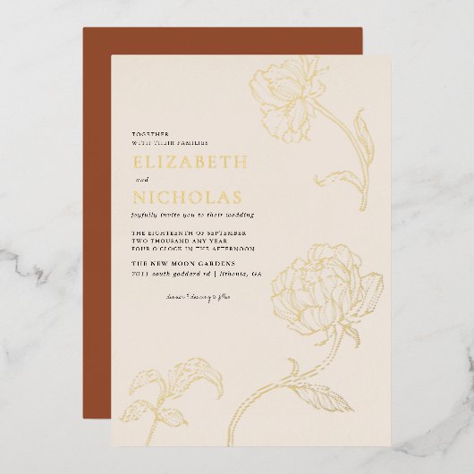 Boho minimalist Botanicals Terracotta Wedding Folie Uitnodiging (Voorkant / Achterkant)