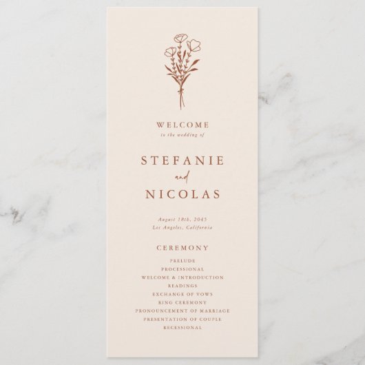Boho minimalist Botanicals Terracotta Wedding Programma (Voorkant)