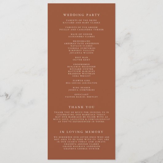 Boho minimalist Botanicals Terracotta Wedding Programma (Achterkant)