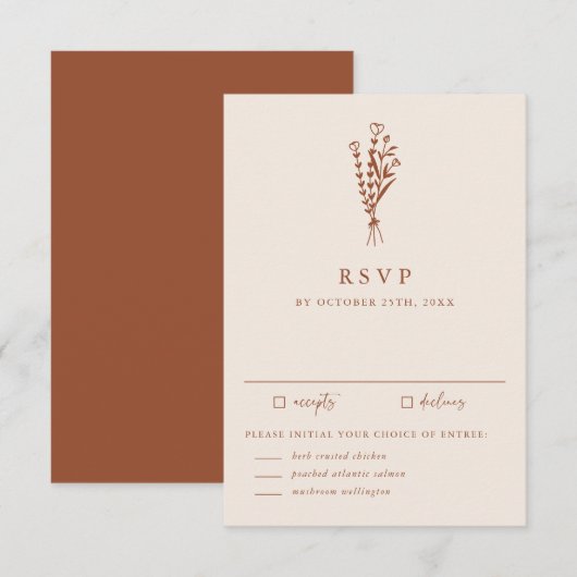 Boho minimalist Botanicals Terracotta Wedding RSVP Kaartje (Voorkant / Achterkant)