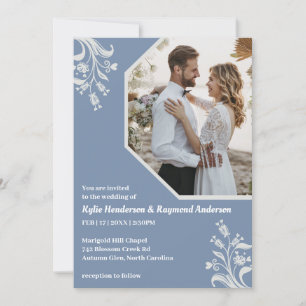 Boho Minimalist Floral Silver Lake Blauwe bruiloft Kaart