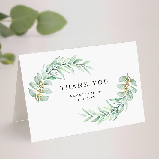 Boho Minimalist Greenery Foliage Wedding Opgevouwe Bedankkaart