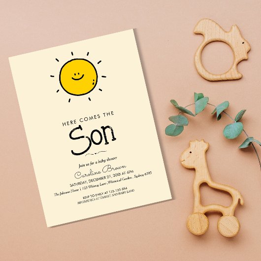 Boho Minimalist Hier Komt De Zoon Baby Shower Kaart