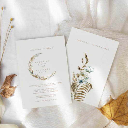 Boho Minimalist Muted Blue & Dried Grass Wedding Kaart